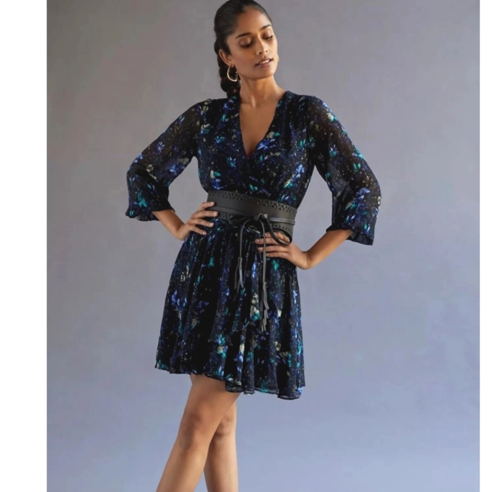 Anthropologie Dress Ruched Black Floral Long‎ Sleeve